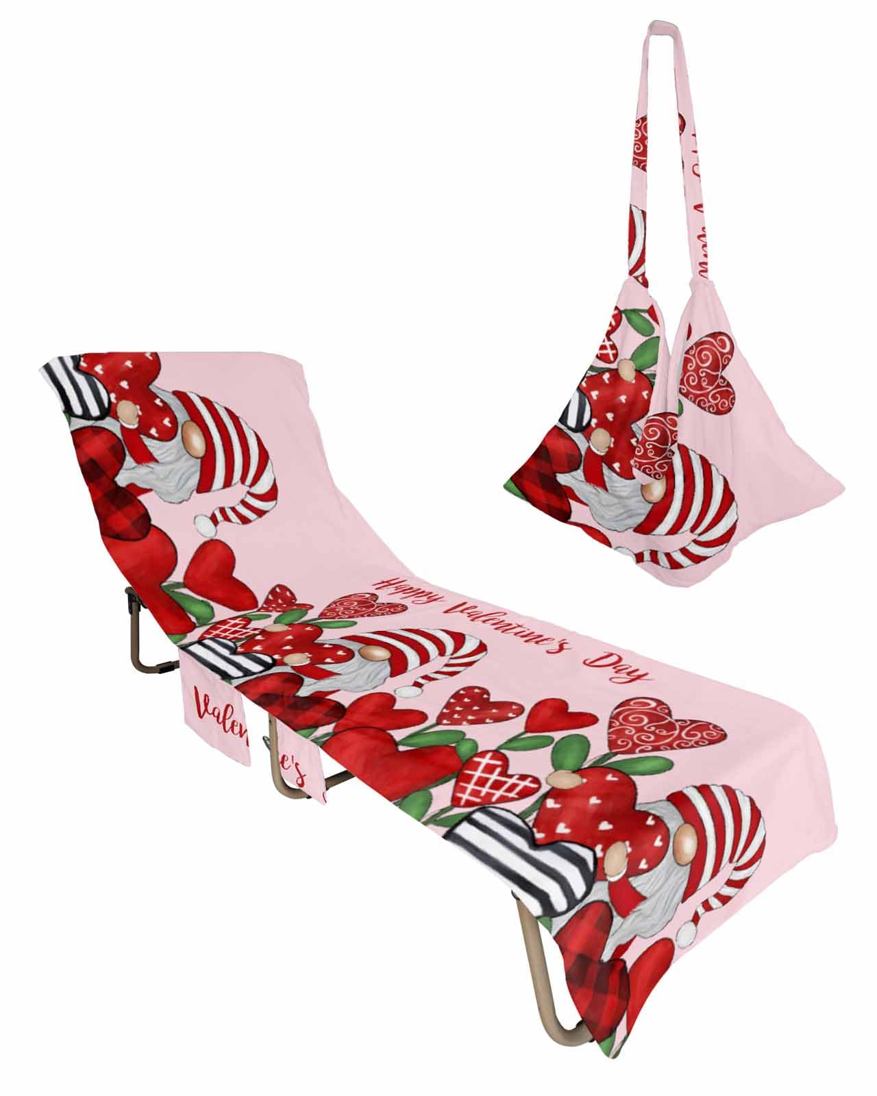Valentine's Day Beach Chair Towel Covers for Chaise Lounge with Side Pocket, Soft Plush Pool Towels Cover for Patio Sunbathing Outdoor 29''x85'' Red Stripes Gnomes Love Rose Pink
