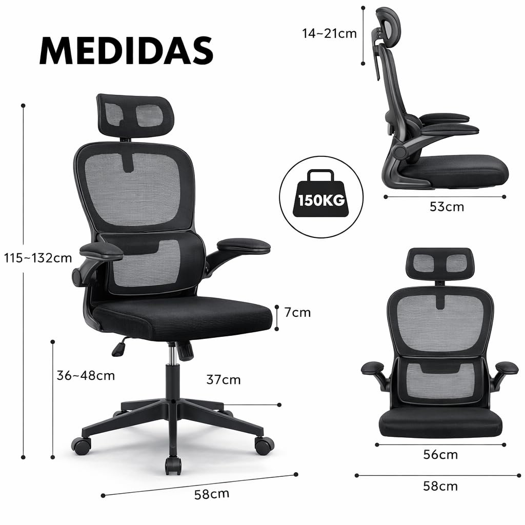 Silla de oficina ergonómica con respaldo de malla transpirable y reposacabezas ajustable | Asiento acolchado, reposabrazos abatibles y base resistente con ruedas giratorias | Diseño moderno
