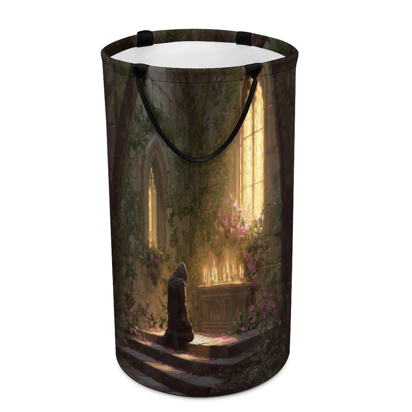 LUYYSKY Fantasy Realistic Castle Arch Versatile Storage Laundry Basket, Retro Fantasy Spring Sunshine Arch Plant Roses Flowers Large Bathroom Laundry Hamper With Handle-40 CM Dia, 69 CM High