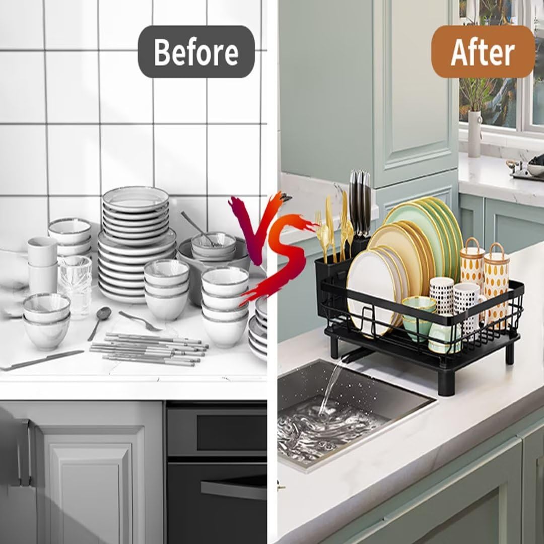Escurreplatos de acero inoxidable con soporte para utensilios, organizador de cocina multifuncional para un secado y almacenamiento eficientes de platos