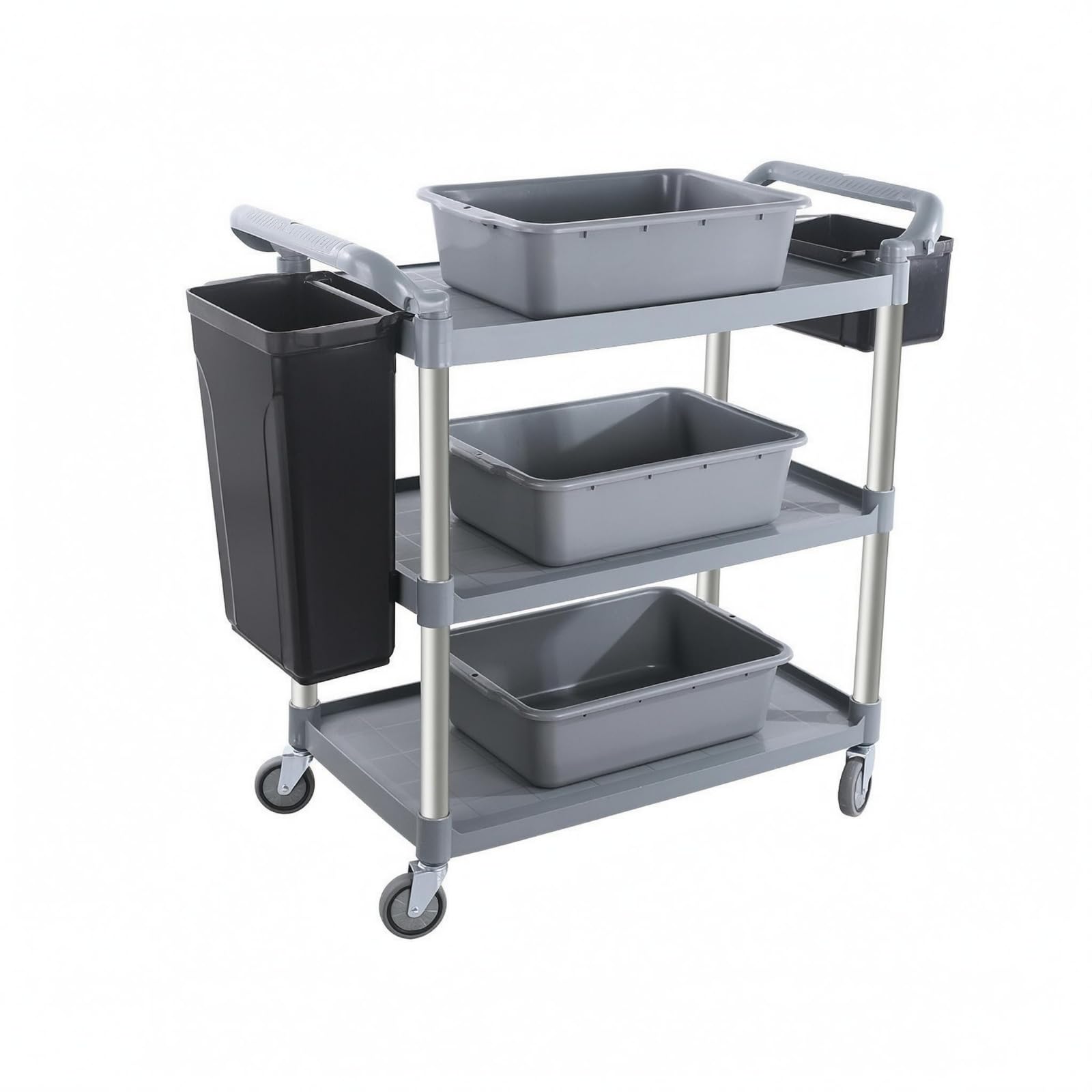 Carro de Servicio Comercial Carrito de Cocina Carro de Transporte Carro con Ruedas con Estable de Varios Niveles y, Gris, Grande, Tres Cubetas, Dos Cubos, Ruedas Silenciosas