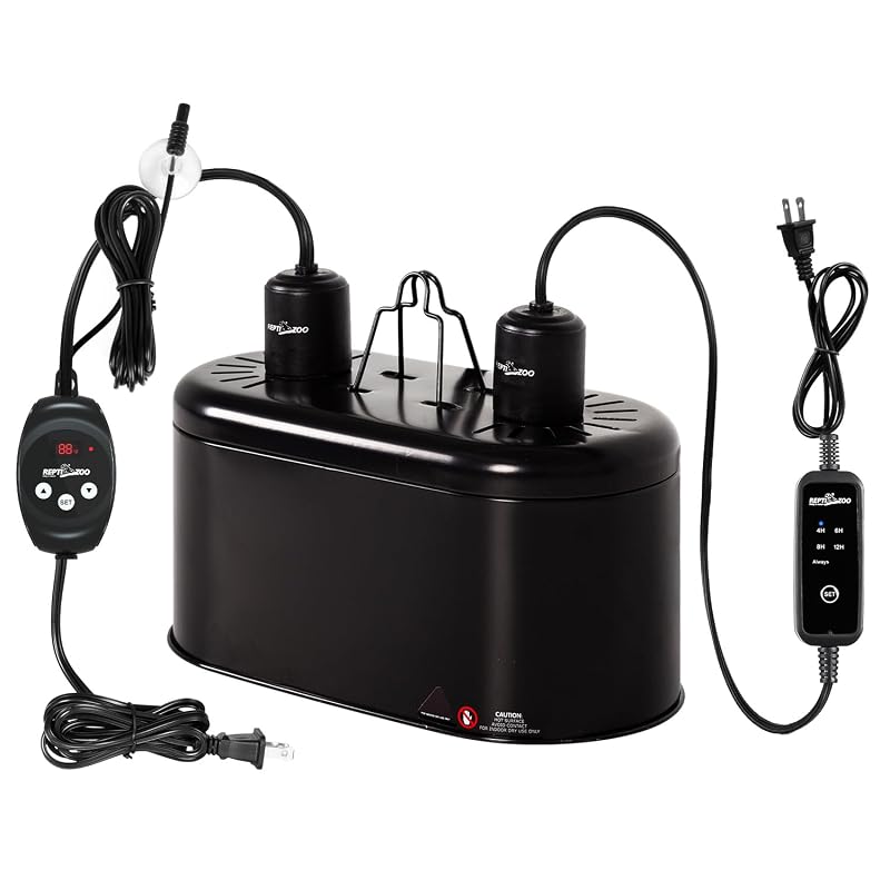 REPTI ZOO Luminária Dupla para Terrário com Termostato Dimerizável e Temporizador, Soquete E26, 150 W