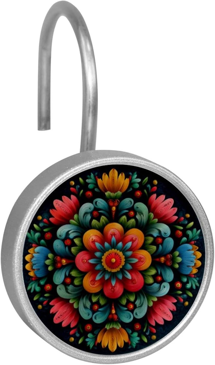 12PCS Norwegian Rosemaling Folk Style Flower (20) Shower Curtain Hooks Metal Rust Resistant Decorative Shower Curtain Hooks Bathroom Decorations