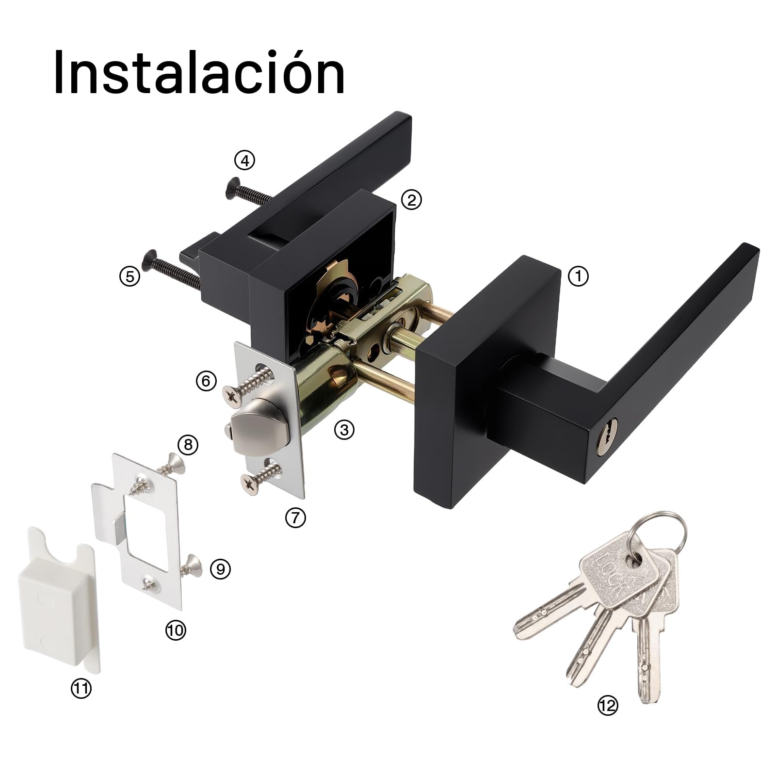 HSEAMALL Manija de Puerta Interior Con Cerradura y Llave, Negra, Cuadrada Para Dormitorio, Oficina, Izquierda o Derecha