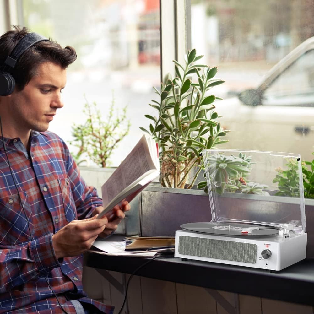 Trynnay Giradischi con altoparlante in vinile, fonografo LP senza fili, con altoparlanti stereo incorporati, trasmissione a 3 marce, giradischi con altoparlanti, retro bianco