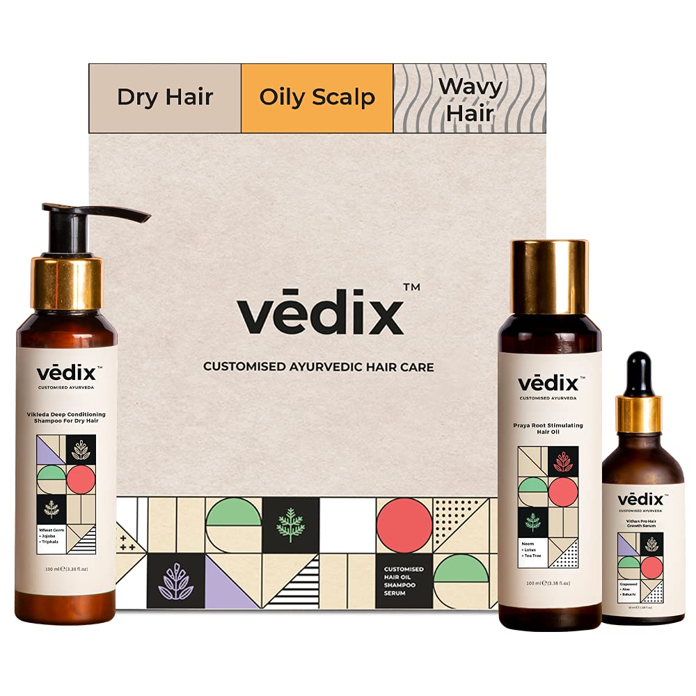 Vedix Customized Hair Fall Regimen for Dry Hair - Oily Scalp & Wavy Hair - Customized Ayurvedic Hair Care Regimen - 3 Product Kit - Hair Fall Oil Neem + Lotus - Hairfall Shampoo For Dry Hair - Vithan Pro Hair Growth Serum