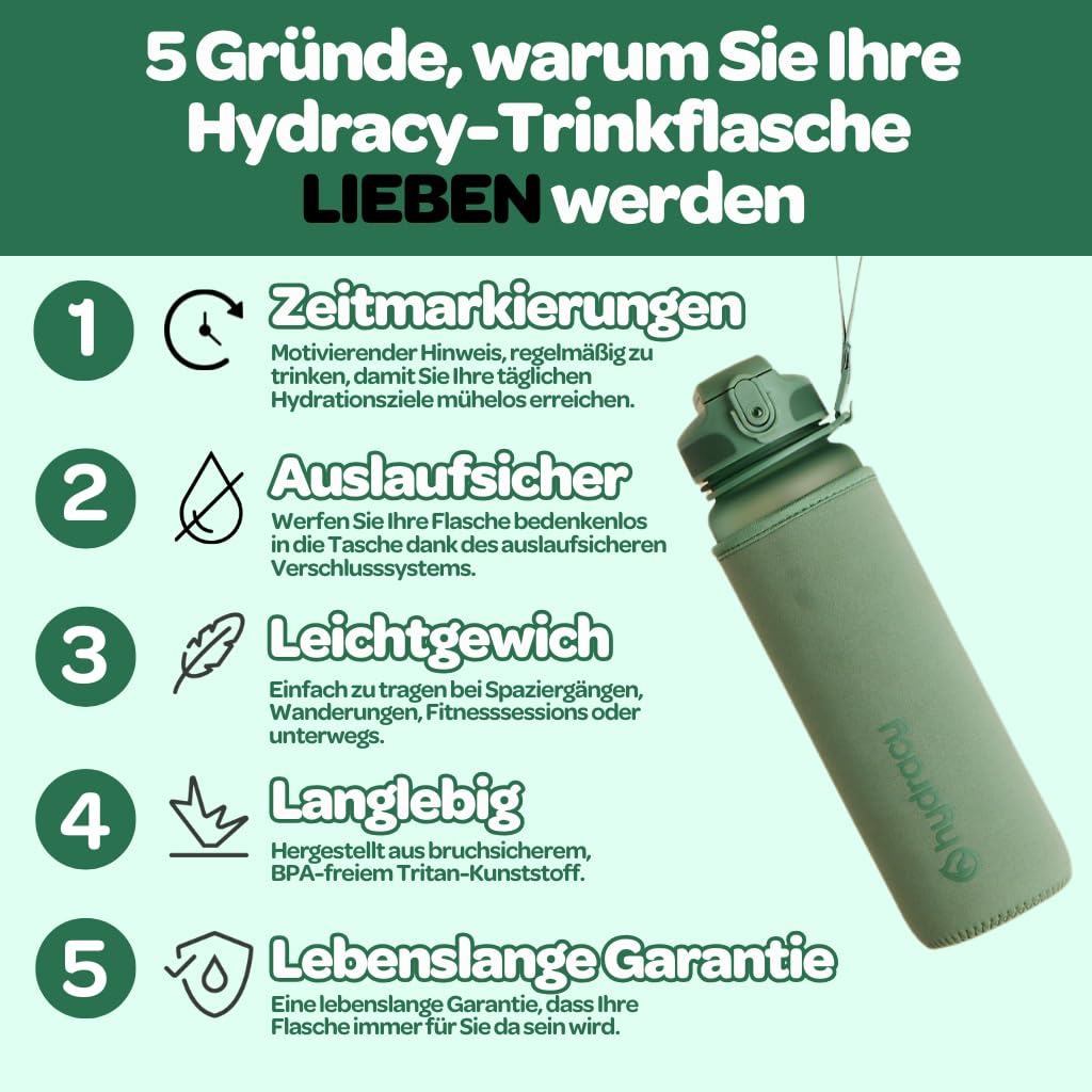 Hydracy Trinkflasche mit Fruchteinsatz - 1L Wasserflasche - BPA-freie Trinkflasche mit Zeitmarkierung Auslaufsichere Sportflasche - Kondensationsfrei für Sport und Outdoor