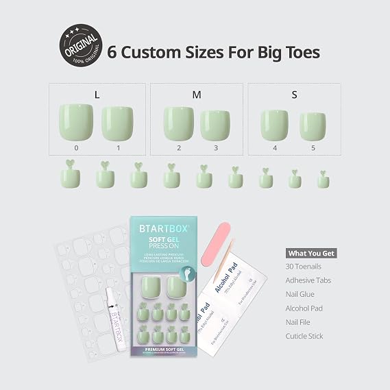 BTArtbox Press On Toenails, Slow Walk, Short Square, Pastel Green, 30Ct | 2+ Weeks Wear, Salon-Quality Natural Toenails, 4X Thicker Tips, Custom 6 Big Toe Sizes, 15 Sizes, All-in-One Complete Kit