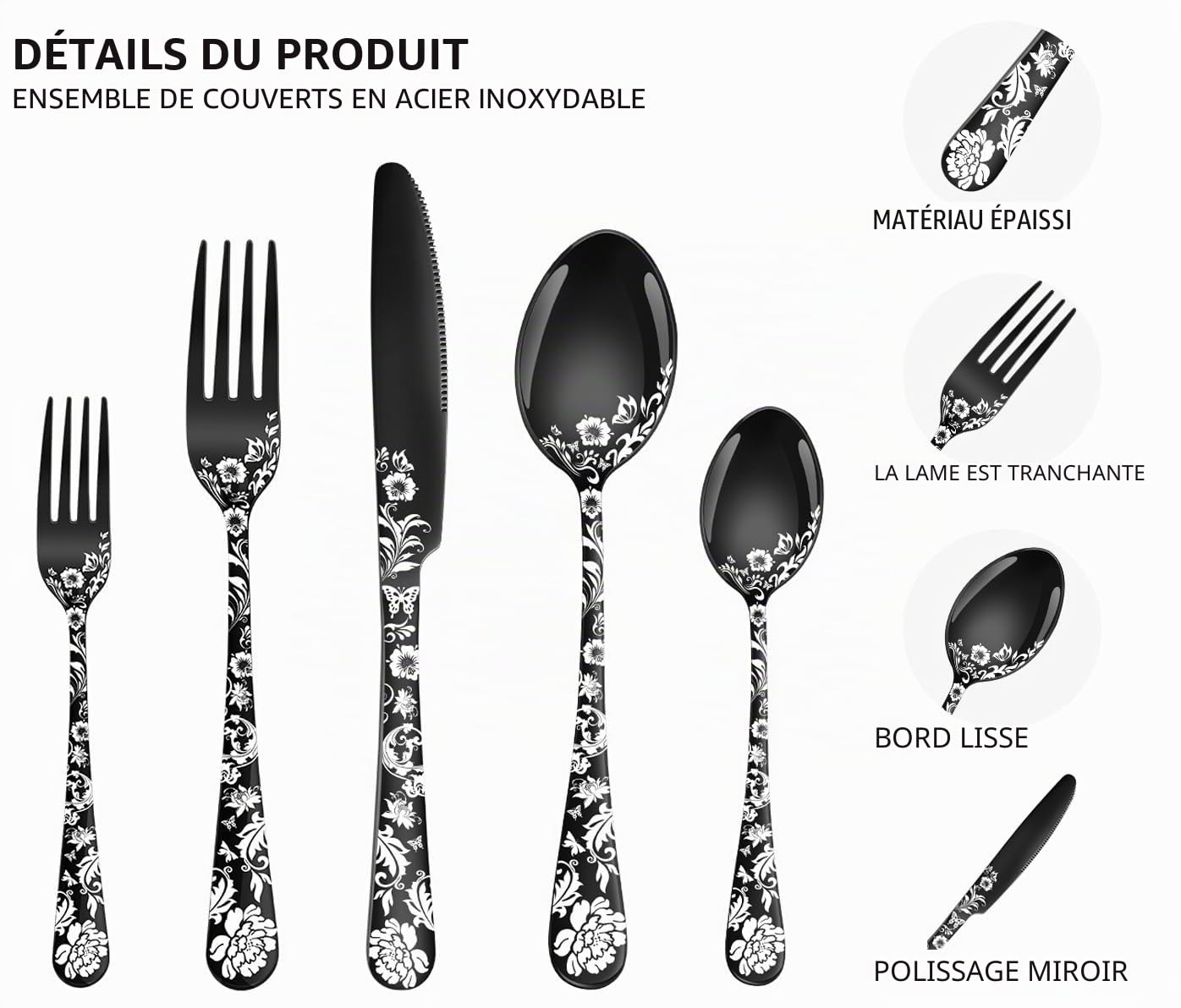 XIAOYU 40 pièces ensemble de couverts fleur de pivoine ensemble de couverts en acier inoxydable pour 8 personnes couteaux fourchettes cuillères ustensiles de cuisine, Argent