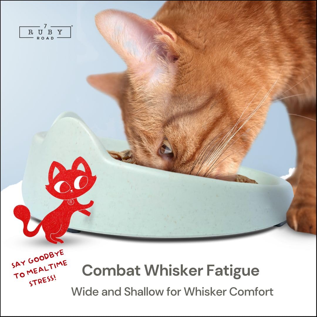 7 Ruby Road Anti Whisker Fatigue Cat Bowl, Set of 2 - Wide Food Bowls, Wet and Dry Shallow Food Dish, Small Cat Dishes for Indoor Cats, Cute Kitten Bowls Whisker Friendly & Relief, Non-Slip Plates