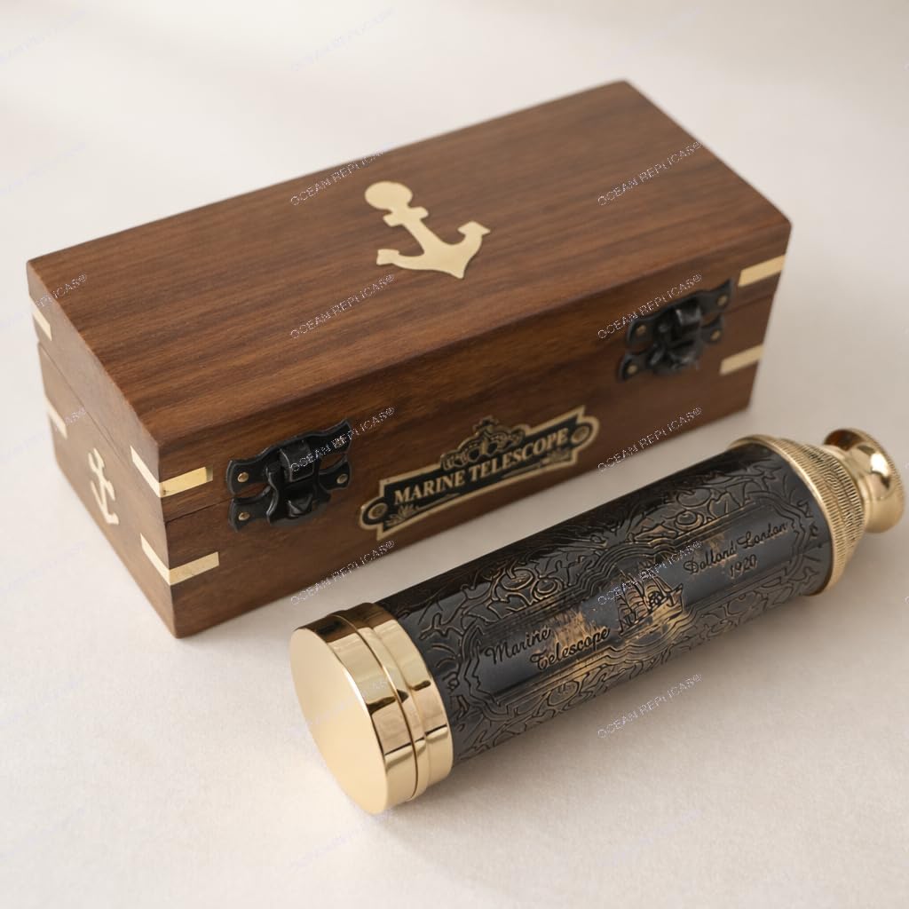 Telescopio de Latón Pirata 14" con Estuche de Madera - Colección Náutica