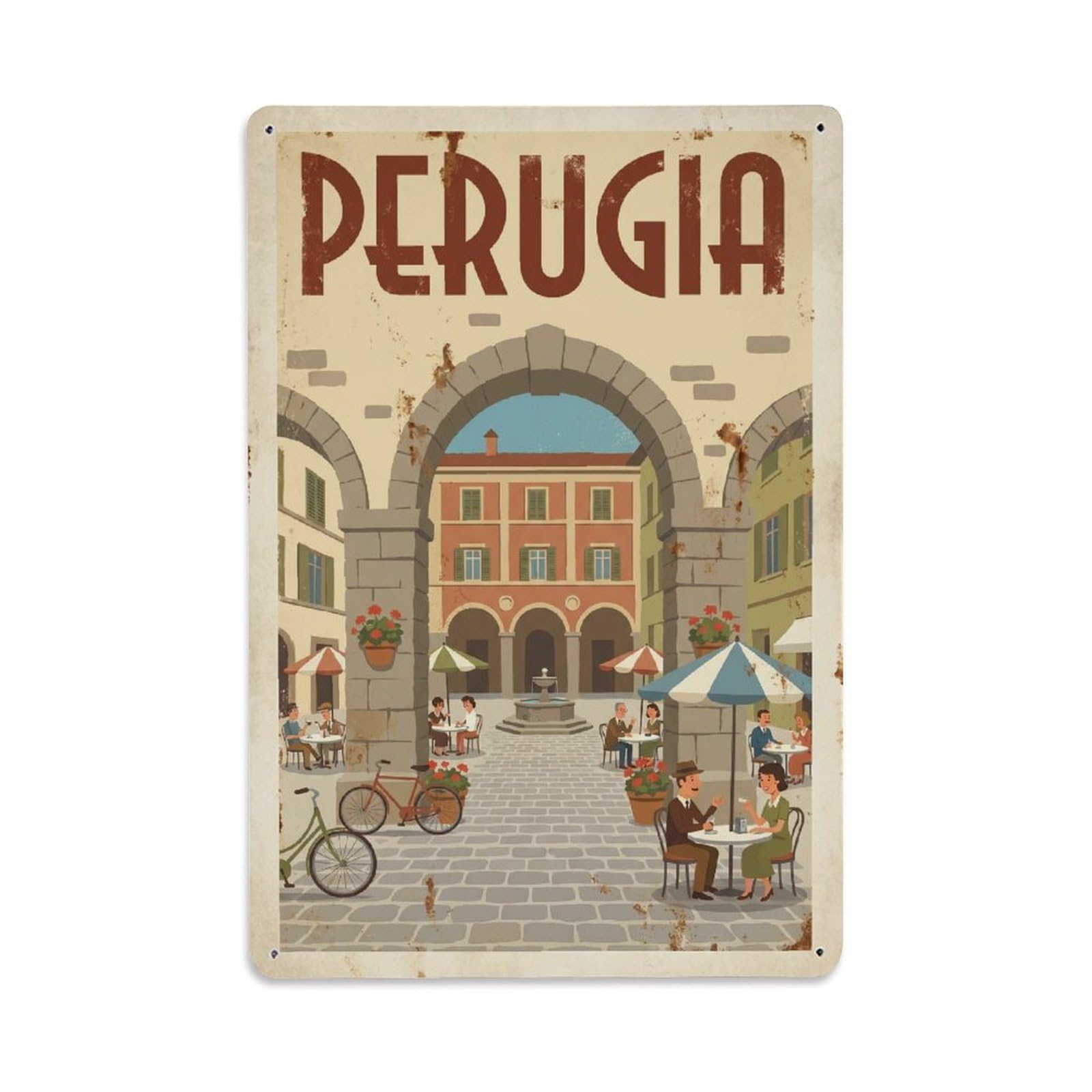 Vintage Travel Perugia Piazza Piccinino Italy Metal Tin Sign Plaque Wall Decor for Cafe, Club Bar, Office, Home Garden Metal Poster 8x12Inch