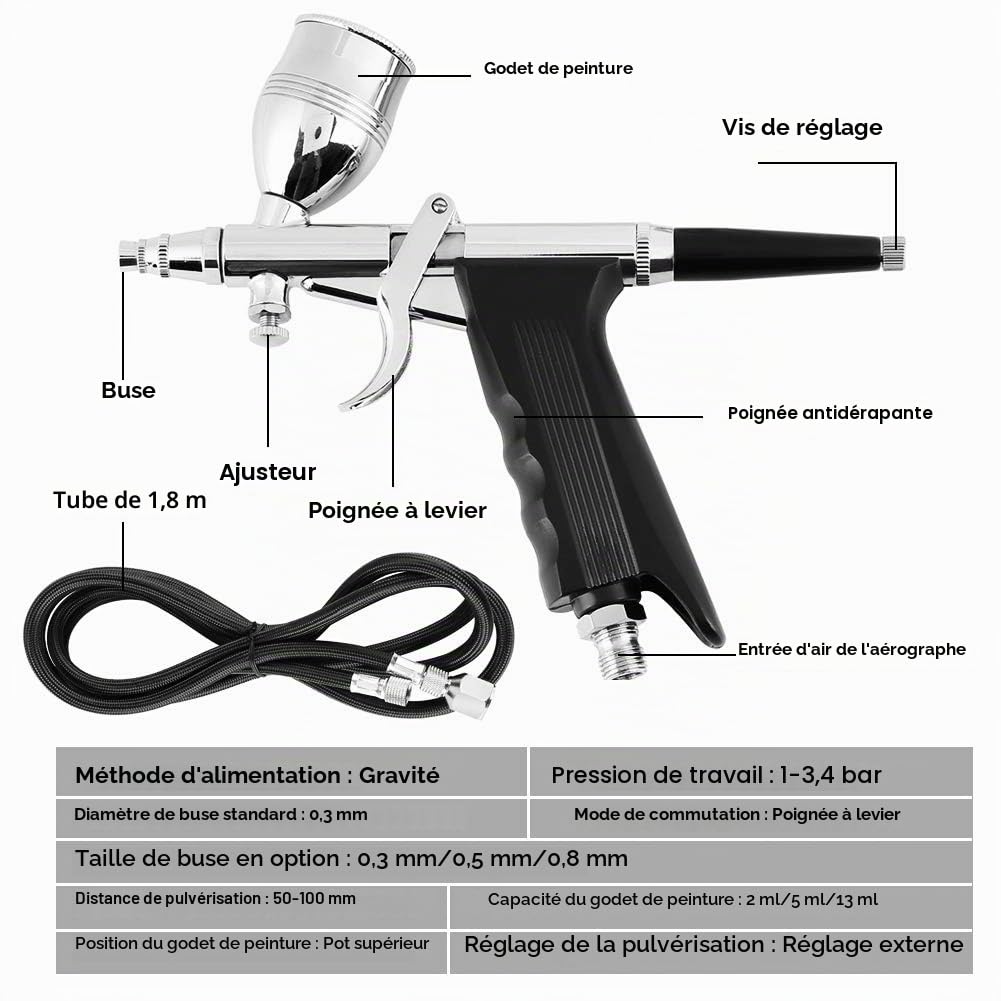 Kit Aérographe, Airbrush Kit, Ensemble de systèmes d’aérographe par gravité à usages Multiples 0,3 mm 0,5 mm 0,8 mm Kit de Tasses Nossles