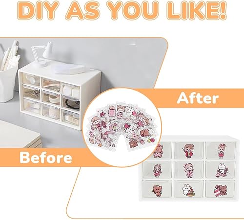Miniatura 4 de Mini organizador de almacenamiento de plástico y bonitas calcomanías, mini organizador de cajones con 9 fundas de manualidades, organizador de