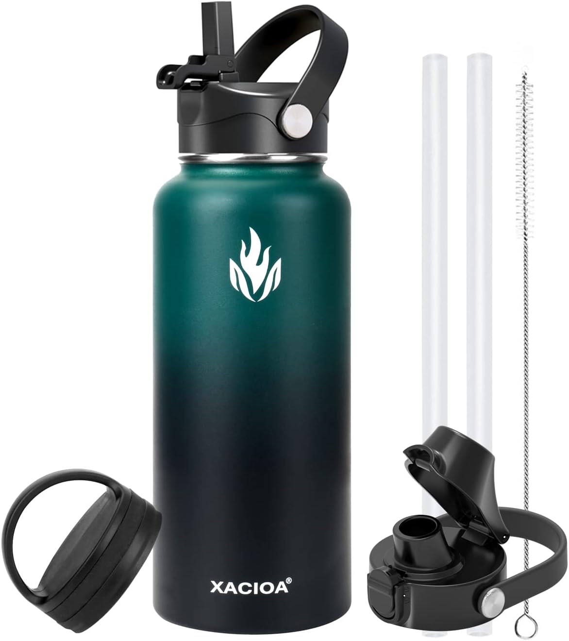 XACIOA Water Bottle Vacuum Insulated 32oz with Straw Lid,1l Stainless Steel Drink Flask with Flip Top Bottle Lid,Metal Wide Mouth Double Walled Leak Proof Keeps Hot Cold (Indigo/Black