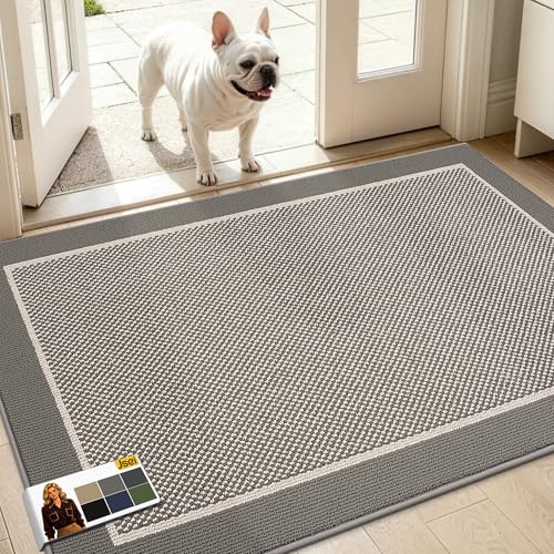 JSEI Dirt Trapper Door Mat 20"x32", Non-Slip Washable Doormats Entryway Rugs, Resist Dirt Absorbent Welcome Mat, Low Profile Floor Mats for Front Back Door and Entrance, Light Grey