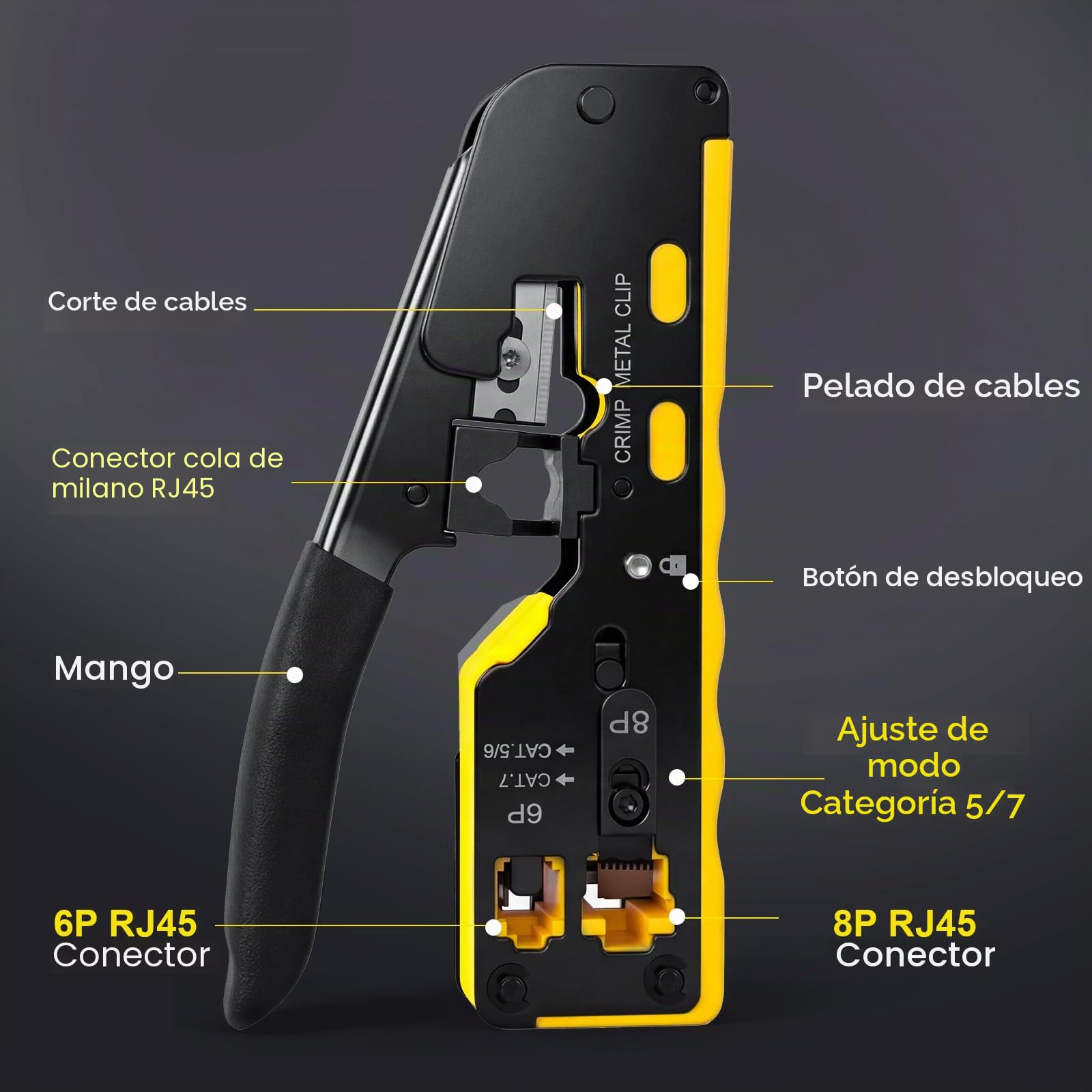 Juego de herramientas de red RJ45 con pinza de engarce, 20 x conector RJ45 Cat7/Cat6a, probador de red, herramienta de colocación LSA, pelacables, 100 x bridas de nylon, herramientas