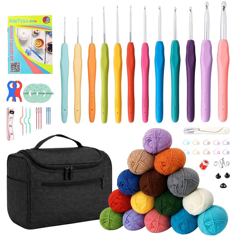 Knitiss Crochet Kit for Beginners, Learn to Crochet Kits Include 12PCS Ergonomic Crochet Hooks &15 Yarn Skeins, Black Crochet Storage Bag