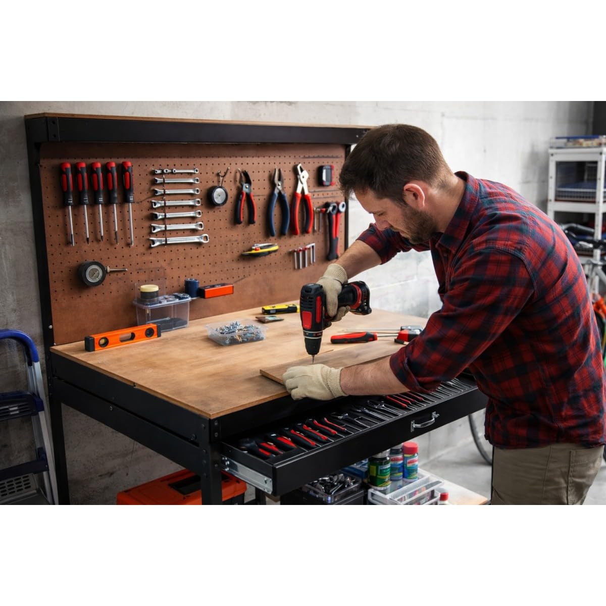 PROWELTEK - Etabli d'atelier Panneau porte outils perforé 120x60 xH150cm Etagère + Grand Tiroir de rangement