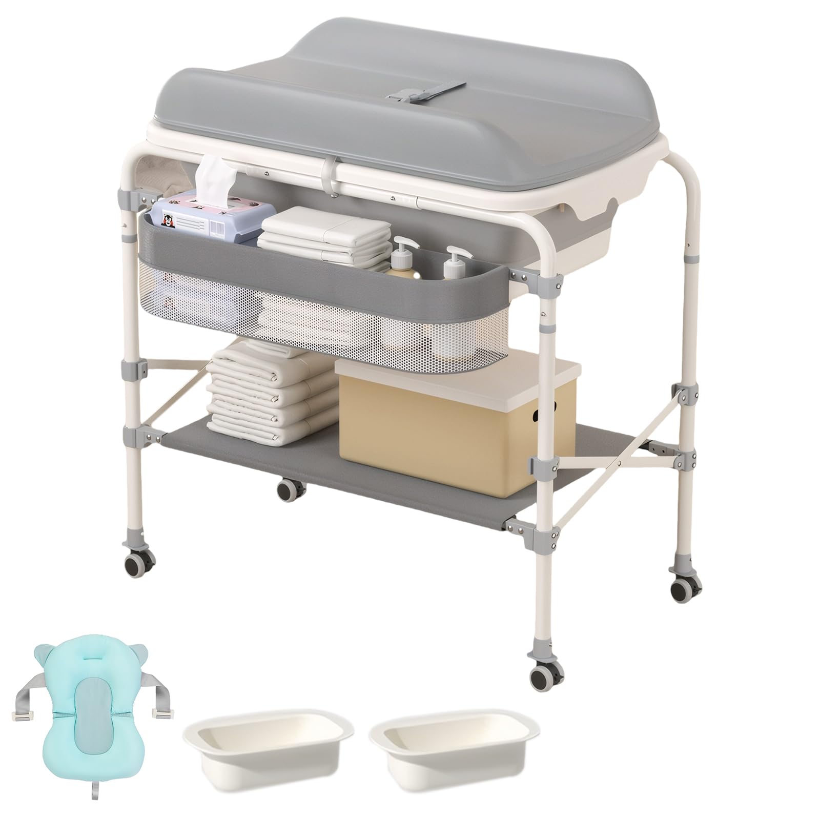 Wickeltisch für Babys mit Badewanne, mit 4 360° geräuschlosen Rädern, wasserdichter mobiler Wickeltisch mit Ablagekorb, klappbar, max. Belastbarkeit 50 kg, geeignet für 0-36 Monate