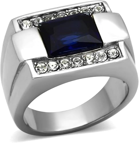 Anillo Color Plata Para Hombres y Ninos de Acero Inoxidable Piedra Zafiro 8