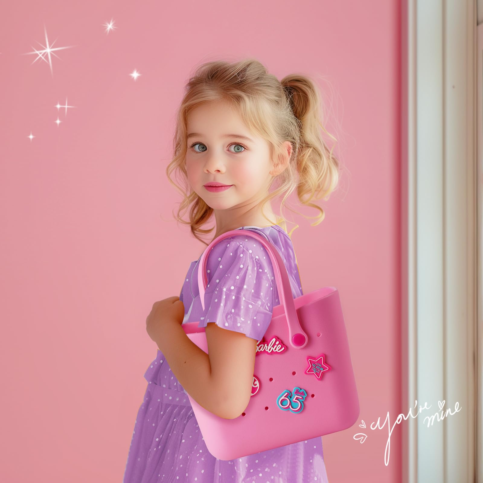 MINISO Barbie Tote Bag, Reusable Small Rubber Waterproof Bag, Cute Design Practical And Portable Handbag for Work Travel (ROSE)