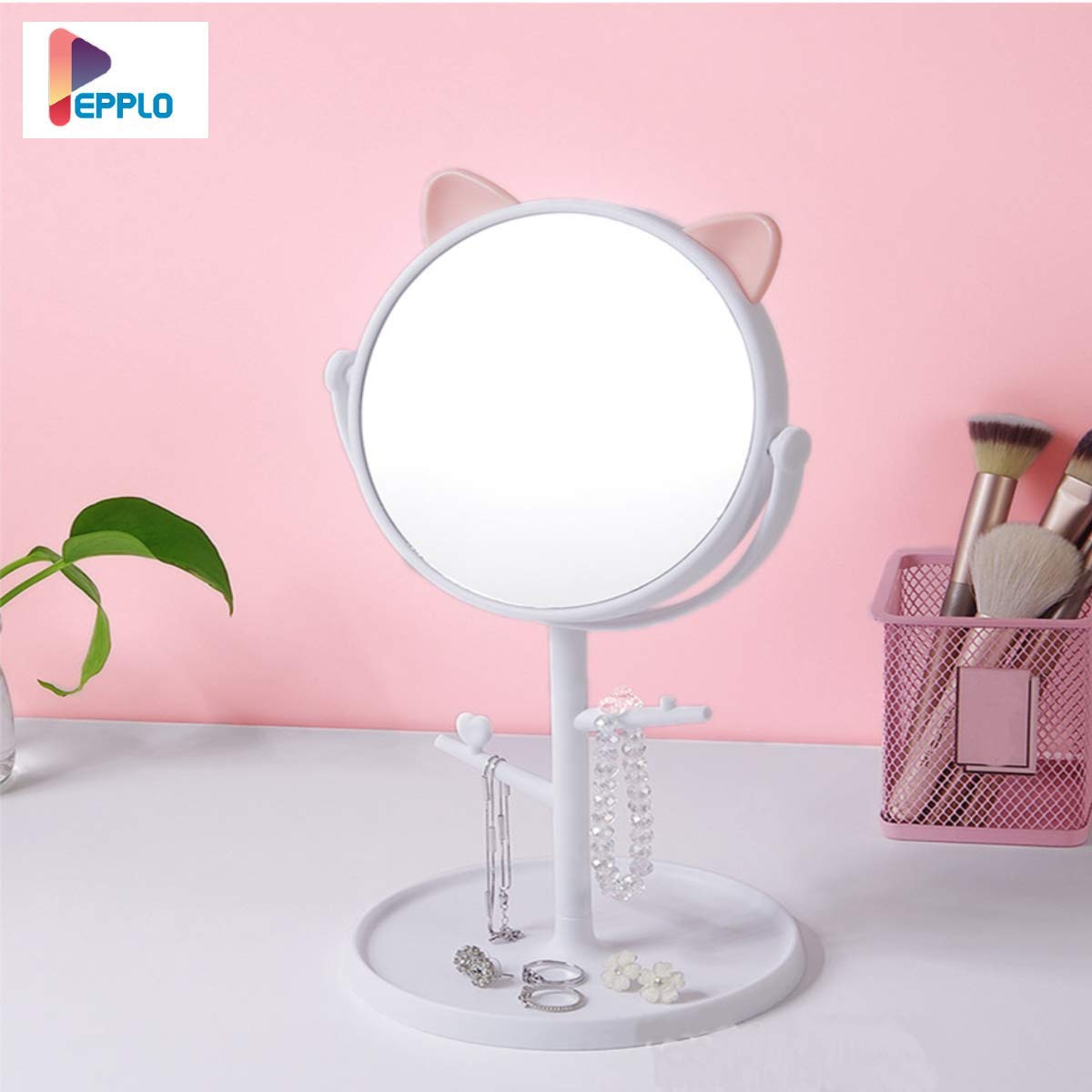 Pepplo Tabletop Cat Shape Makeup Mirror Shaving Mirror, Free Standing Table Vanity Mirror On Stand With Rotation (1Pcs, White) Round, Framed - Glass