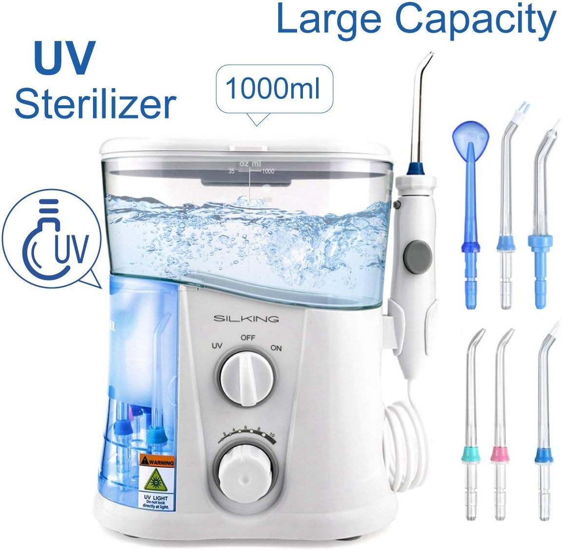 Professional Water Flosser Oral Irrigator - SIKLING 1000ml Reservoir Dental Family Water Flossers for Teeth with 10 Adjustable Pressure Setting and 7 Functional Jet Tips