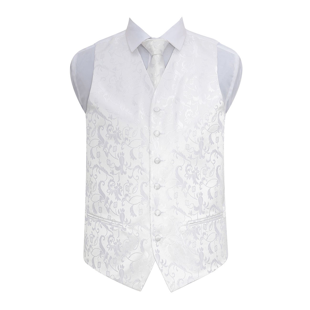 Dqt Men's White Floral Passion Jacquard Waistcoat, Tie, Pocket Square & Cufflinks Set (4Pc) - Wedding, Business & Formal - 44" (2Xl)