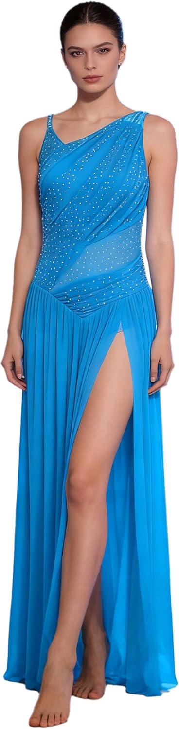 Women Lyrical Dance Costumes Sleeveless Mesh Tulle Flowy Maxi Long Dress Contemporary Dancewear