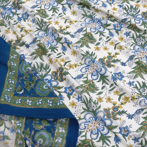 Image of TOAI Hand Block Printed Bedsheet | Bed Spread Flatsheet Bed Sheet | Pure Cotton | Queen Size 90 inchx108 inch | 210 TC Long Staple Cotton | 2 Reversible Pillow Covers |Blue Green Motives On White