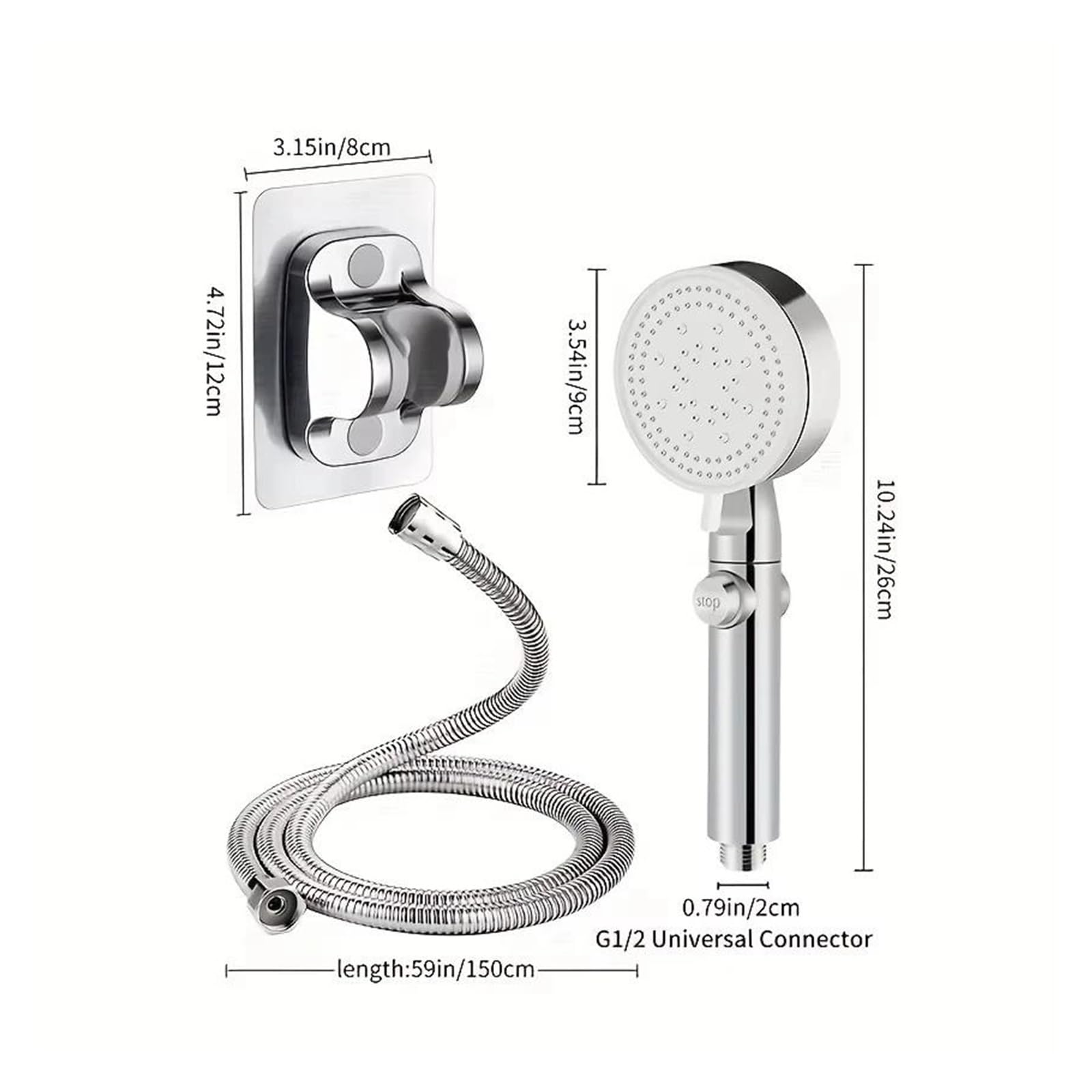 Cabezal de Ducha de Alta presión con 5 configuraciones Ajustables, Interruptor de Parada para Ahorro de Agua, Manguera Flexible y Soporte - Juego de baño Cromado de 3 Piezas para u