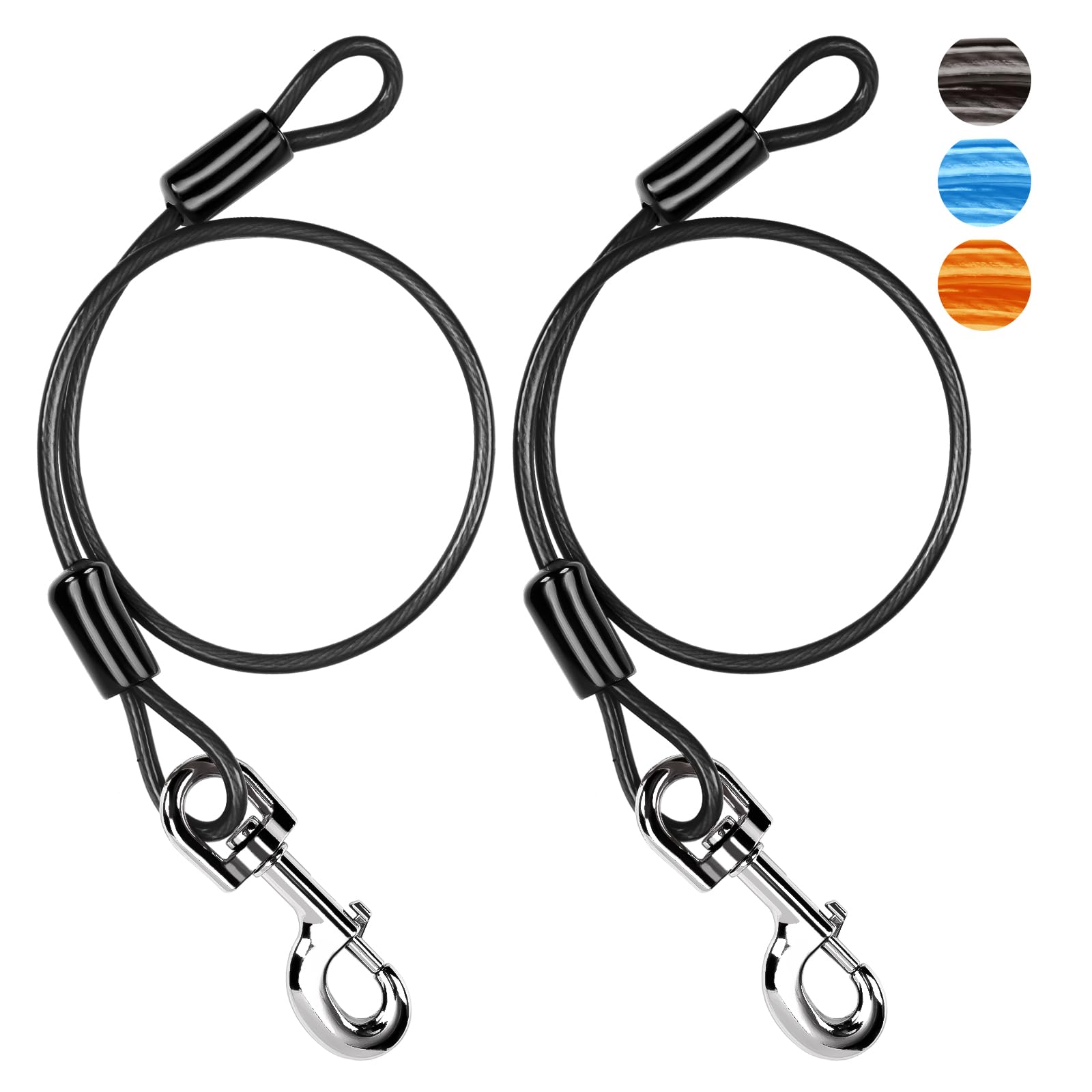Chew Proof Dog Leash Extender, 2FT 5mm Metal Lead Extension, 360° Tangle-Free for Walking & Training Puppies, Fits Small/Medium/Large Dogs, Collar & Harness Compatible (Black/Orange/Blue)