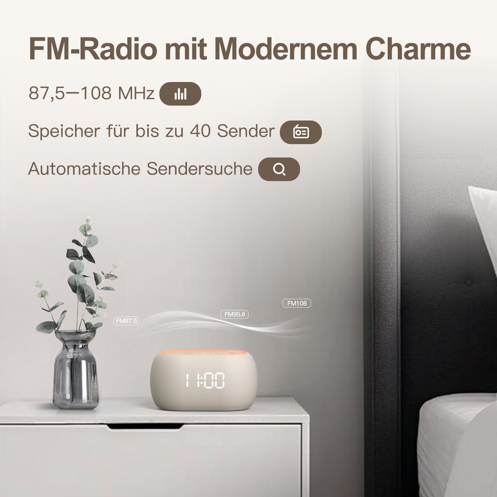ANJANK Digitaler Radiowecker 4-in-1 mit Bluetooth Lautsprecher, Wecker mit 7 Farben Nachtlicht, UKW Radio, 0–100% stufenlos dimmbares Display, 8 Wecktöne, Digital Alarm Clock fürs Schlafzimmer
