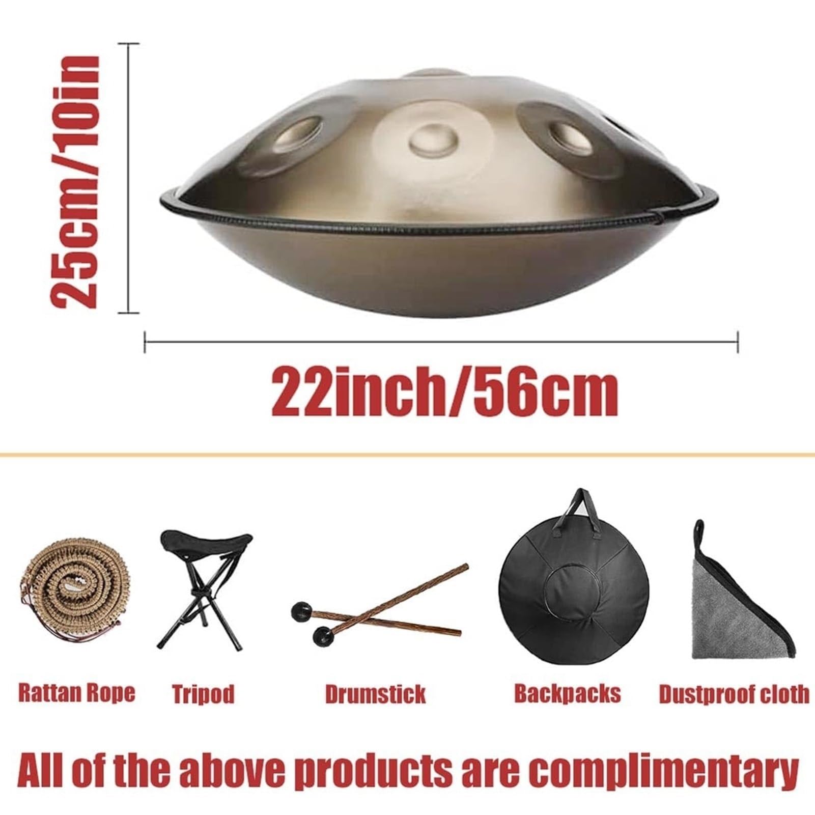 Tamburo Handpan Da 22 Pollici Per Adulti, Re Minore Curdo 9 Note 423 Hz/440 Hz Strumento A Percussione Professionale Handpan In Acciaio, Per Meditazione, Musicoterapia, Spettacoli Dal Vivo(A)