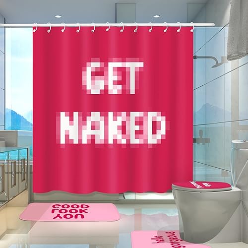 Miniatura 6 de Juego de 4 cortinas de ducha con alfombras, juego de baño rosa con cortina de ducha y alfombras, tapete de baño antideslizante en forma de U, tapete