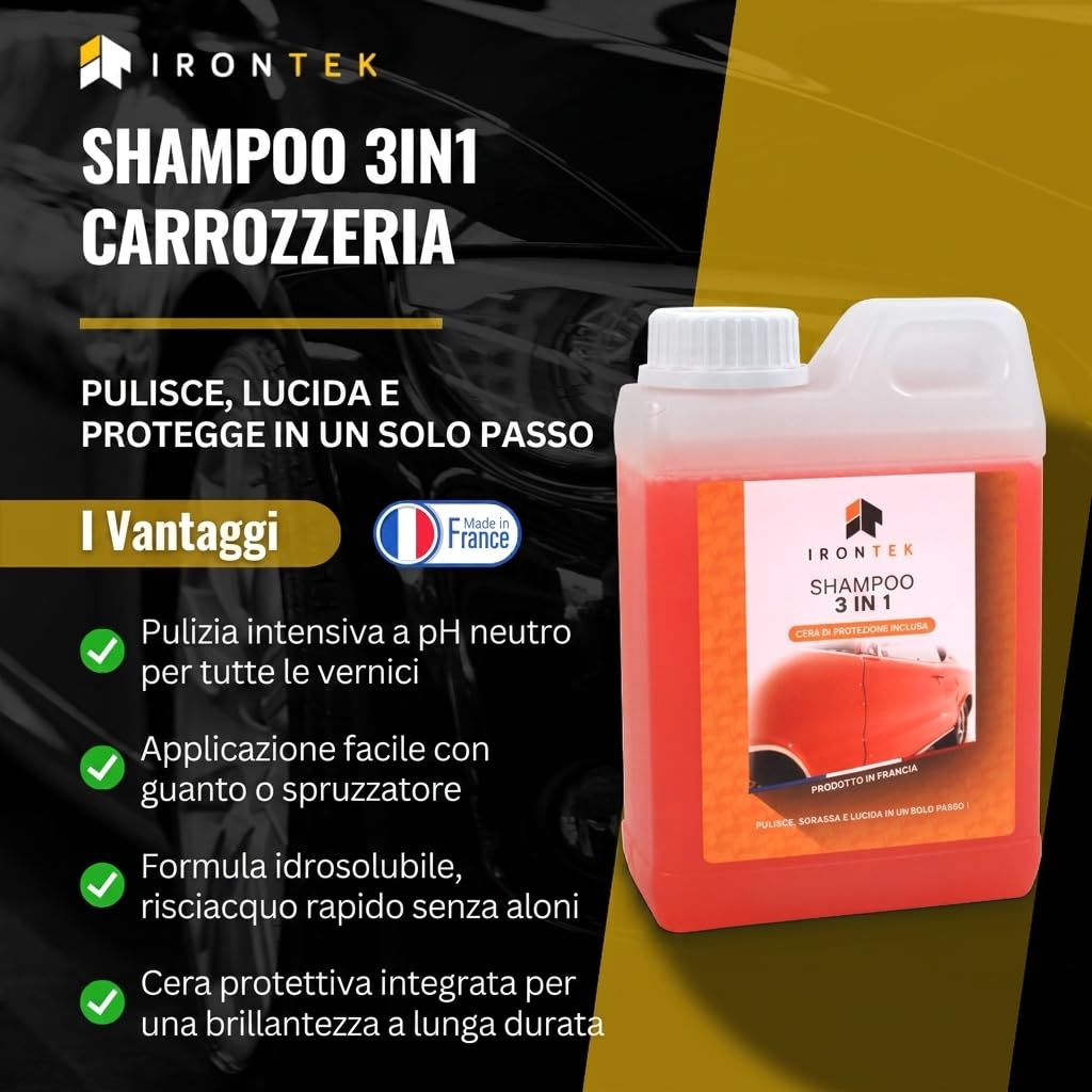 Shampoo Auto Carrozzeria 3 in 1 - IRONTEK - 1L | IT318 | Pulizia Sgrassante | Cera Protettiva Inclusa | pH Neutro Compatible Tutte le Vernici