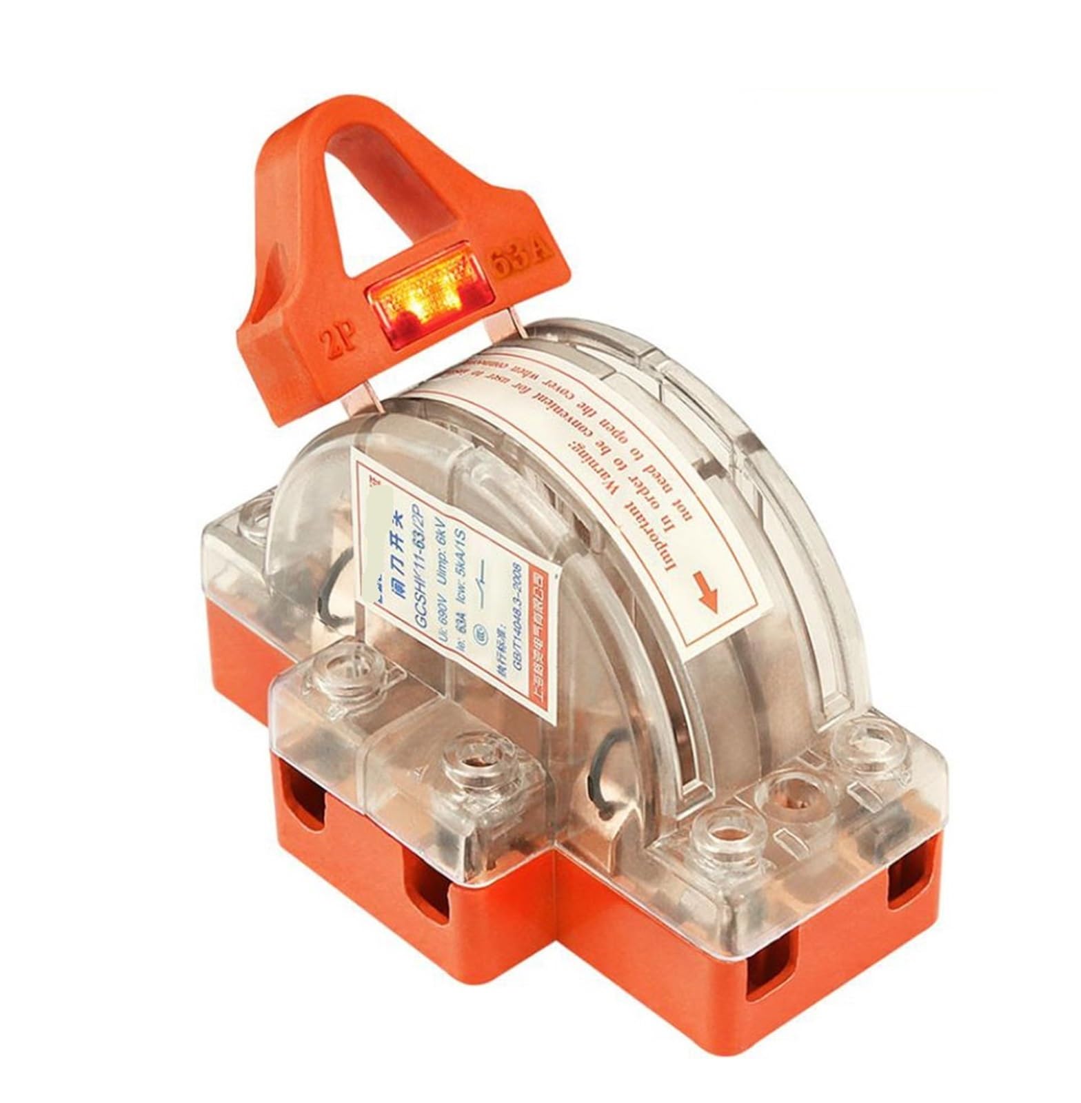 Interruptor de desconexión bipolar de doble tiro, transparente, con lámpara, 32 A/63 A/100 A, 2 polos, 1 unidad(2P 100A)