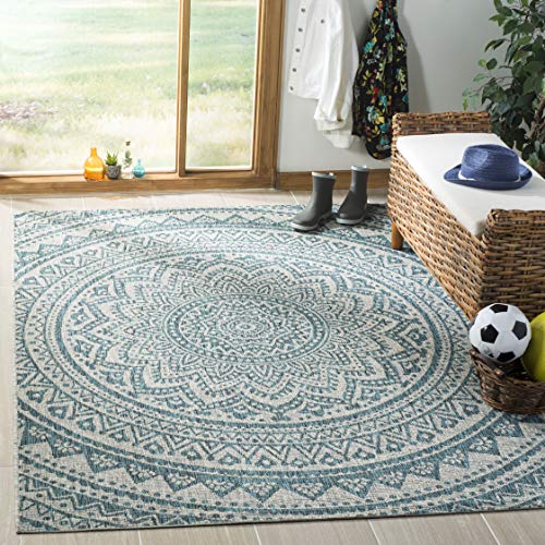 Safavieh Contemporary Indoor/Outdoor Woven Rectangle Area Rug, Courtyard Collection, CY8734, in Light Grey / Teal