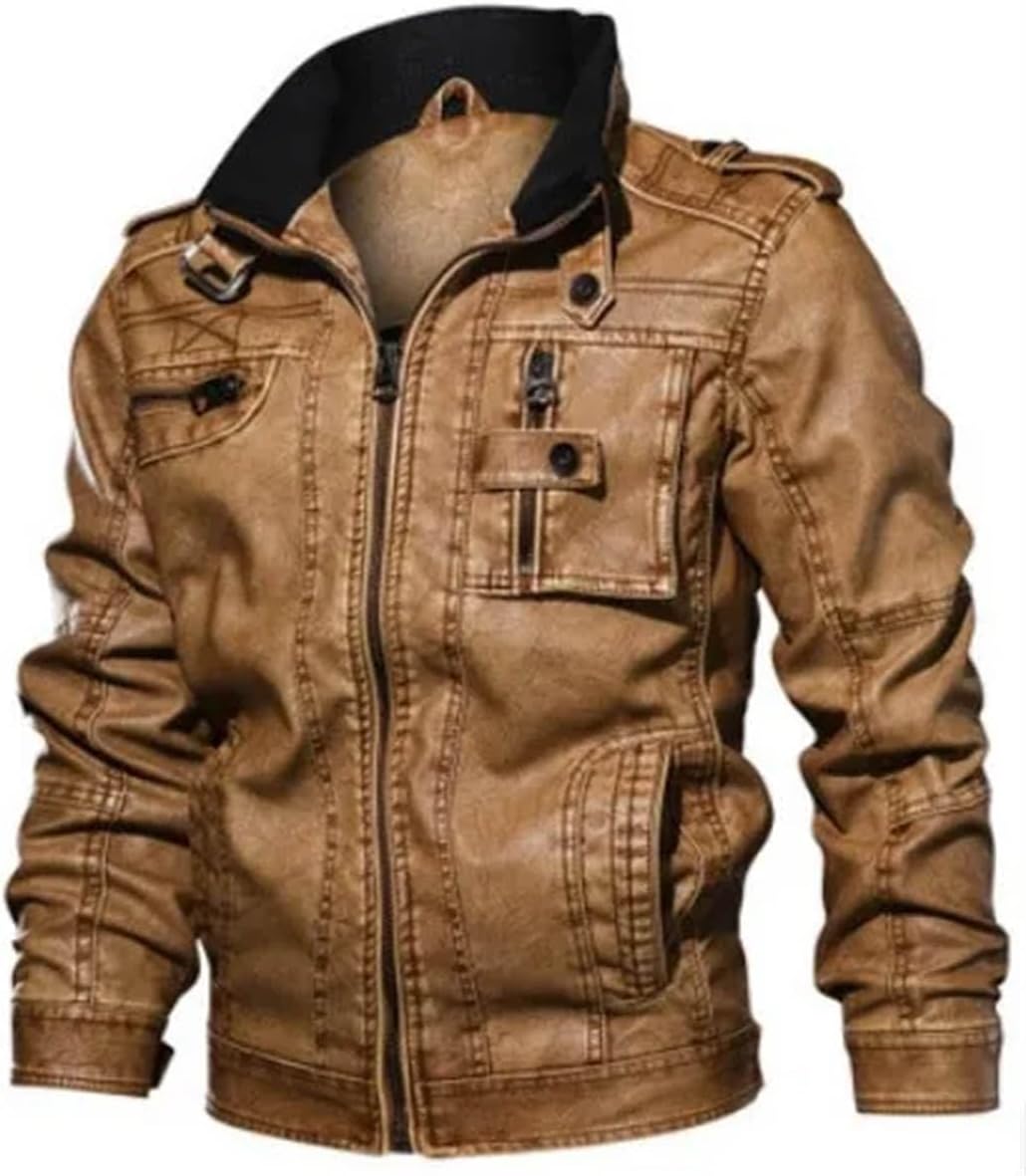 Men Fleece Faux Leather Jacket Zippers Men's Stand Collar Coat Slim PU Jacket Male Moto Biker Coats