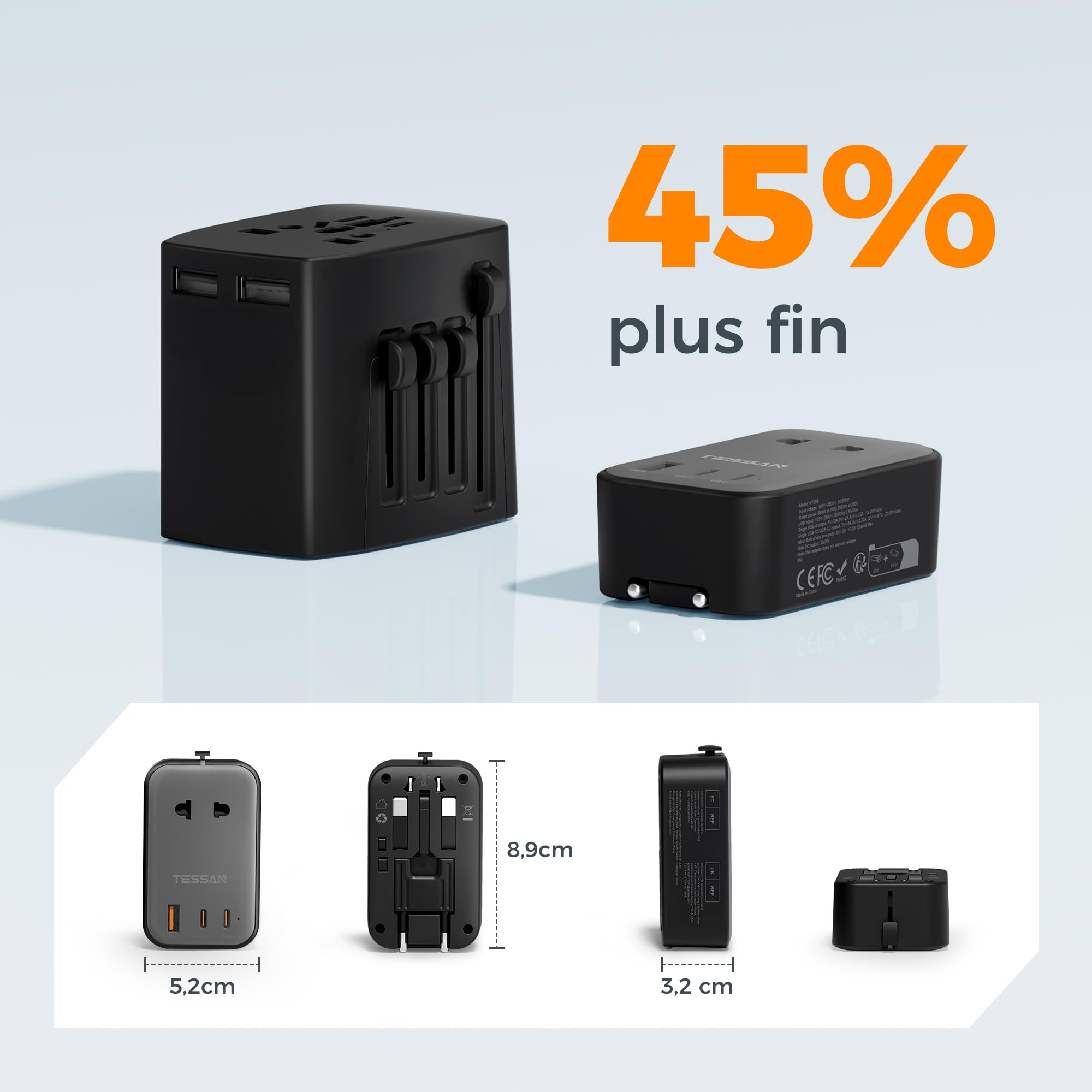 TESSAN Adaptateur Prise Universelle PD 20W, 2 USB C et 1 USB A, Voyage pour France USA Angleterre Australie Japon Chine Thaïlande
