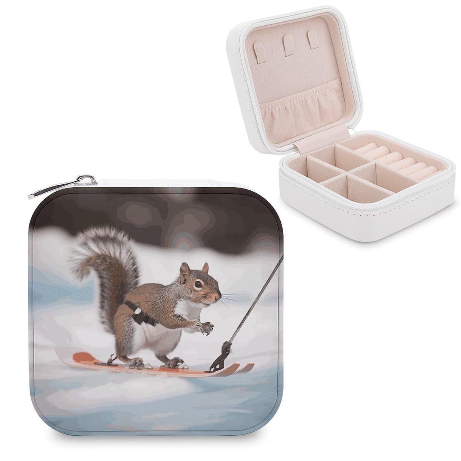 FekiLoot Skiing Squirrel Jewelry Box Exquisite Jewelry Organizer Silver Gold Trinket Storage Case Multi Compartments Cute Earrings Ring Necklace Holder For Woman Household Gift