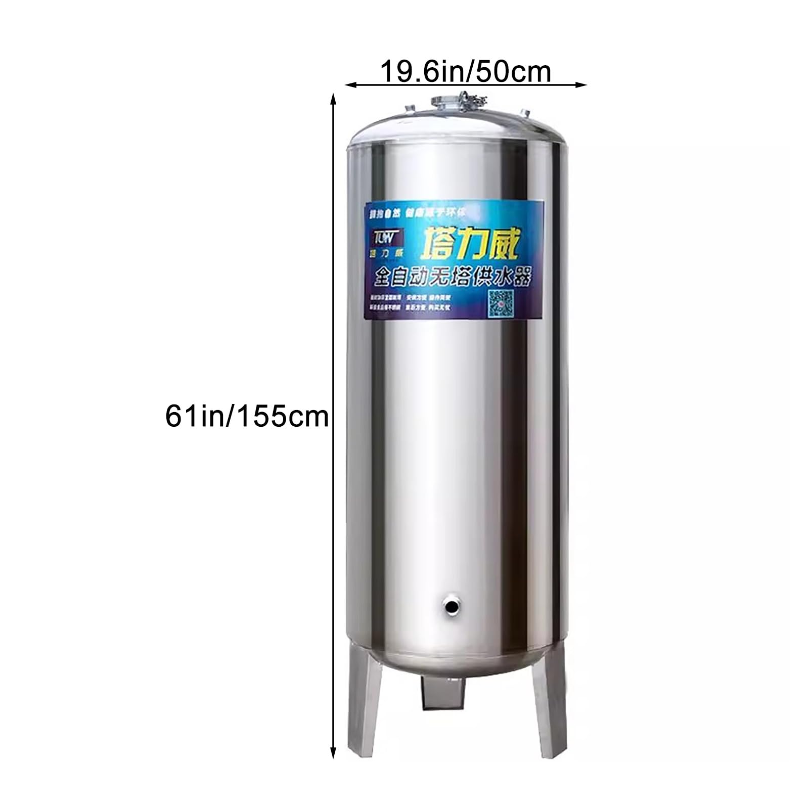 Serbatoio a pressione in acciaio inox con valvola di sicurezza e porta di pulizia per lo stoccaggio igienico dell'acqua in case e industrie