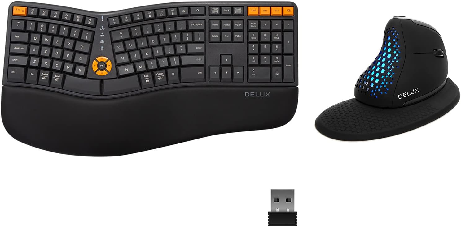 DELUX Wireless Ergonomic Keyboard Mouse Combo, Split Ergo
