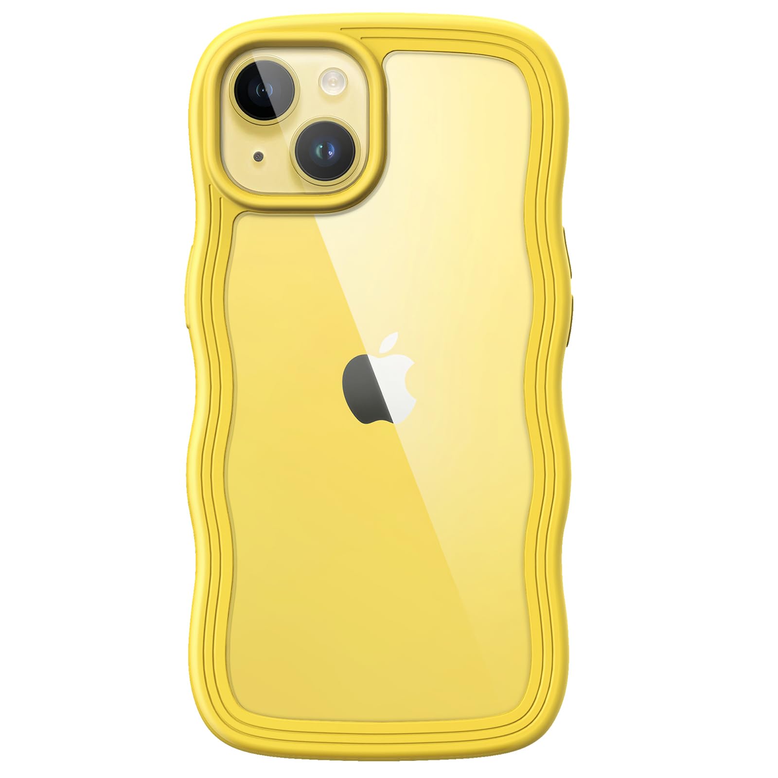 JETech Cute Case for iPhone 14 6.1-Inch, Wave Frame Curly Shape Shockproof Phone Cover for Women and Girls, Clear Hard PC Back (Yellow)