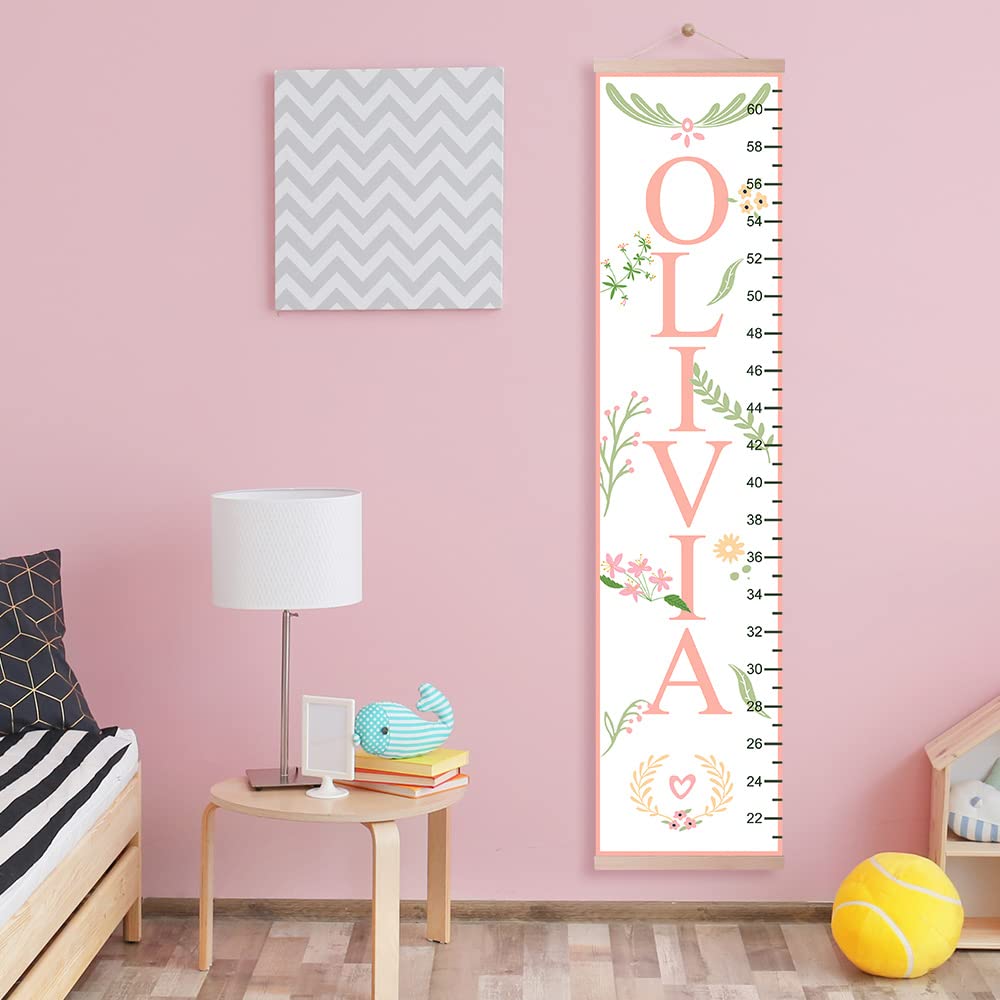 Personalized Name Kids Growth Chart Ruler Flower Dinosaur Growth Ruler Canvas Wall Ruler Oak Solar Woodland Theme Kids Height Chart Baby Wall Growth Chart with Custom Name (Flower)