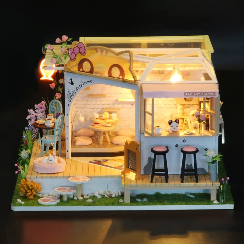 Kit fai da te Cat Cafe in miniatura per casa delle bambole con luce a LED, scala 1:24, fatto a mano, gatto, caffè, giardino, casa delle bambole, regalo di compleanno creativo per adolescenti (casetta
