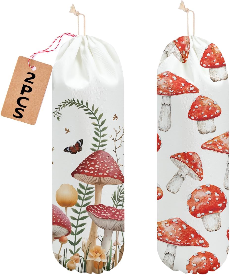 2Pcs Mushroom Plastic Bag Holder, Floral Butterfly Grocery Bag Holder
