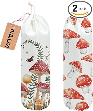 2 Pcs Mushroom Plastic Bag Holder, Floral Butterfly Grocery Bag Holder for Plastic Bags, Reusable Washable Shopping Bags Storage Dispenser for Home Kitchen Pantry Decor, Cute Mushroom Gifts for Women