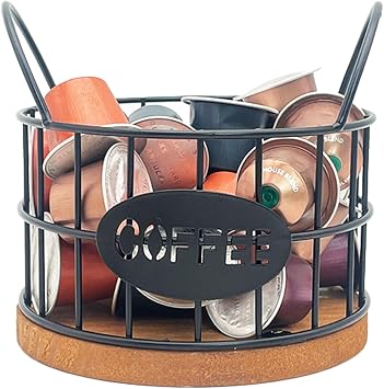 Coffee Pod Holders for Counter, K-Cup Storage Organizer with Sturdy Metal Frame and Wooden Base, Count Pod Container for Kitchen, Office, Bar Counter Desktop (Black)